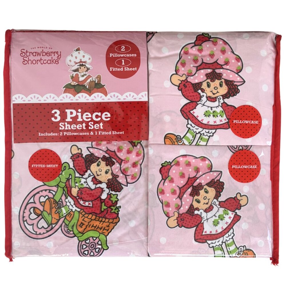 NEW Strawberry Shortcake TWIN Fitted Sheet & Pillowcase Set - 3 Piece